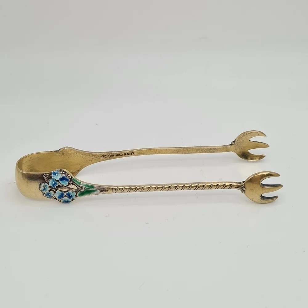 Gorham Sterling & Enamel Flowers Demitasse Spoons Set of 11 & Sugar Tong #808